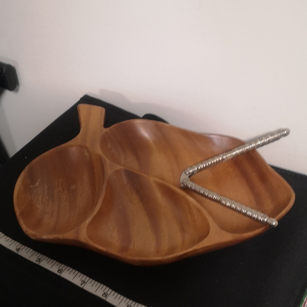 Vintage Monkey Pod Wood Leaf-Shaped Serving Tray with Nutcracker Tool